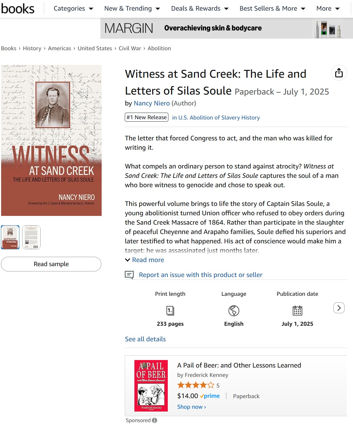 Amazon product page screenshot showing Witness at Sand Creek with the #1 New Release ribbon